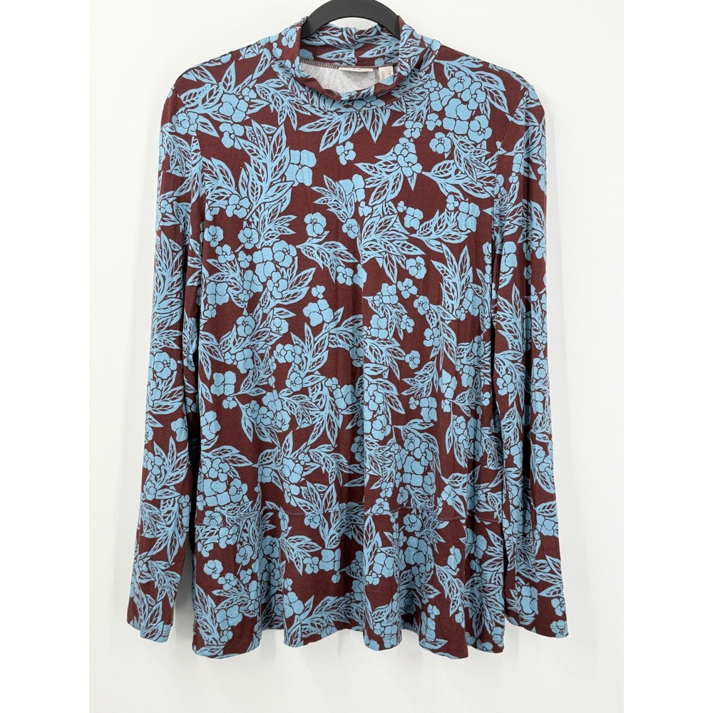 LOGO Lori Goldstein Top Womens L Brown Blue Floral Mock Neck Long Sleeve Fall
